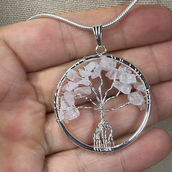 WIRE WRAPPED ROSE QUARTZ TREE OF LIFE PENDANT WITH CHAIN - Picture 6 of 6